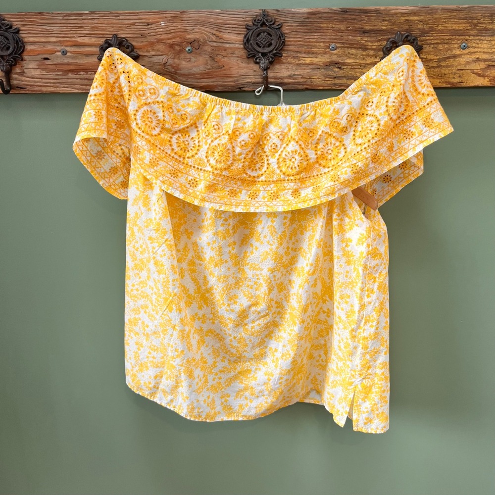 Lane Bryant Yellow Floral Eyelet Off Shoulder Ruffle Top Plus Size 26/28‎ NWT